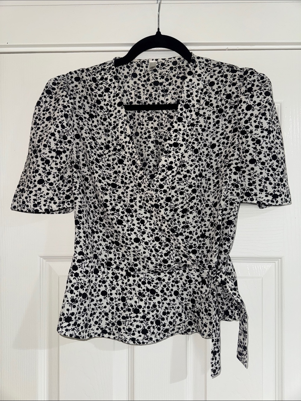 Black & White Floral Wrap Blouse | Small
